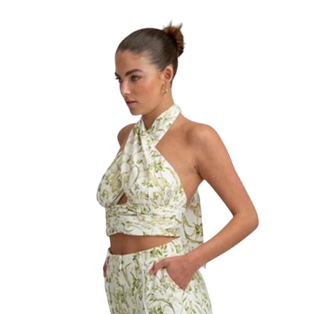 Finders Keepers Carlotta Floral Halter Crop Top Sage Green Wrap NWT L
